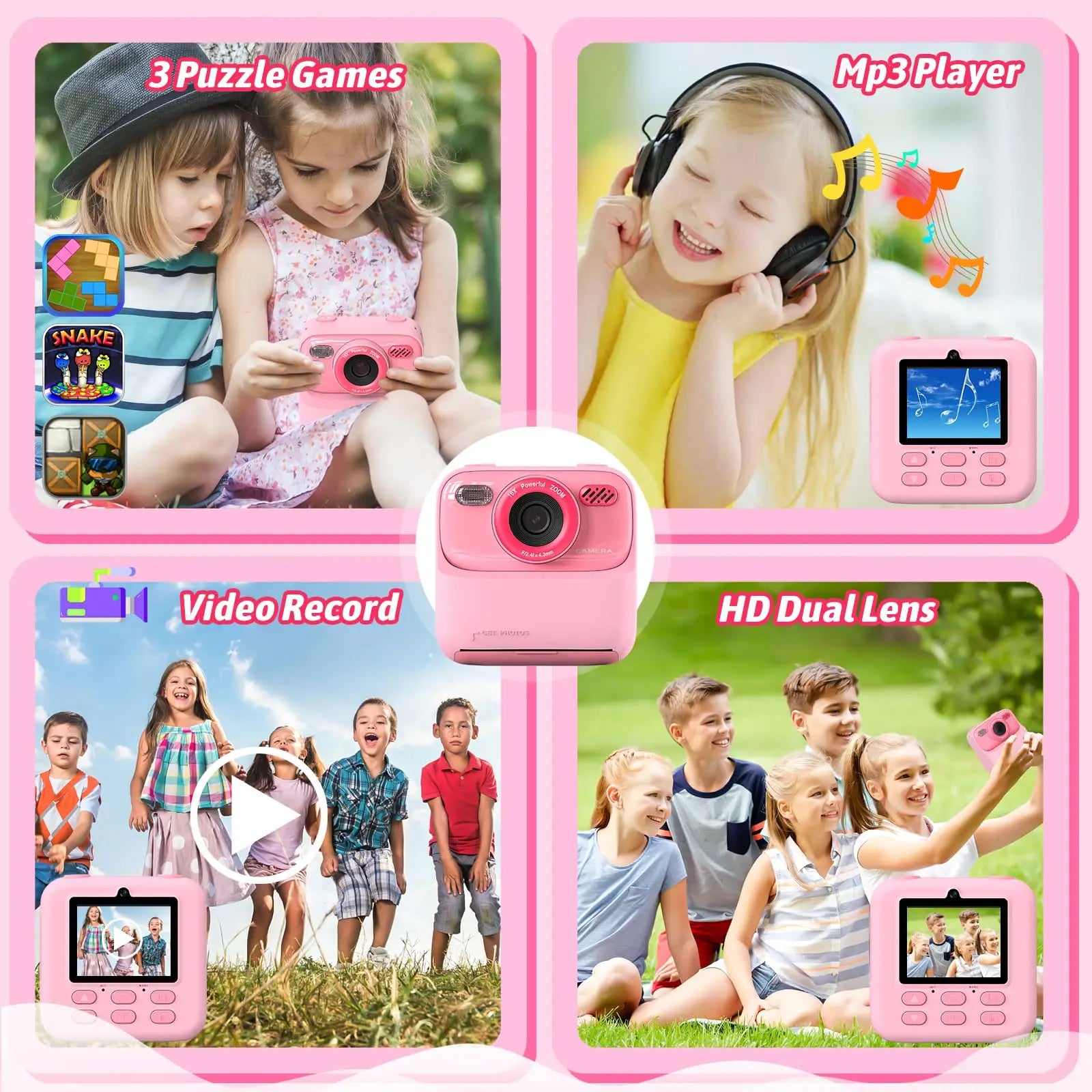 Upgrade Kids Camera with 1080P HD, dual lens, selfie feature, MP3 player, and puzzle games. Perfect gift for children.