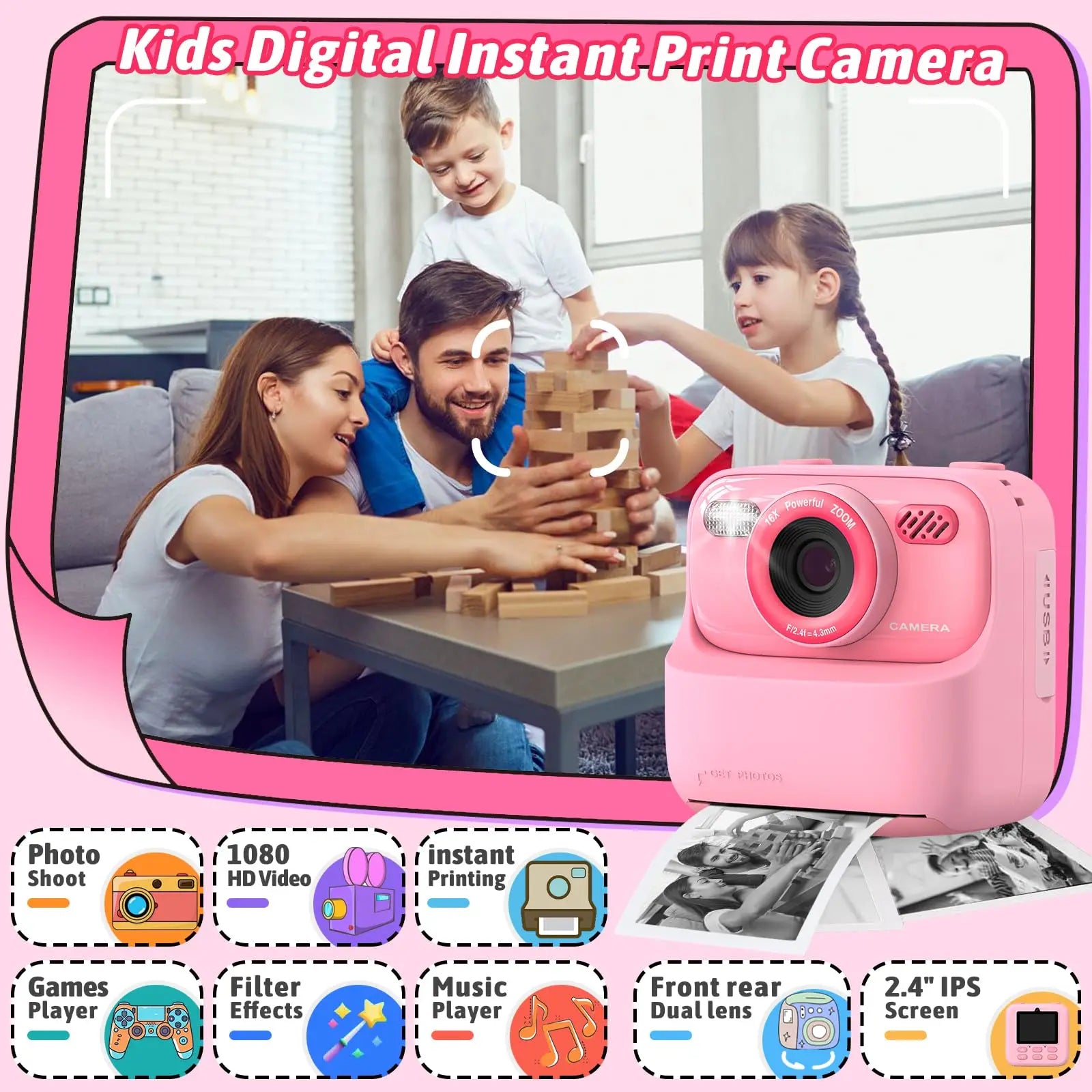 Upgrade Kids Camera - 1080P HD Dual Lens Selfie Digital Camera for Kids with Instant Print Function