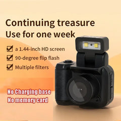 Mini digital camera with 1.44-inch HD screen, 90-degree flip flash, and multiple filters.