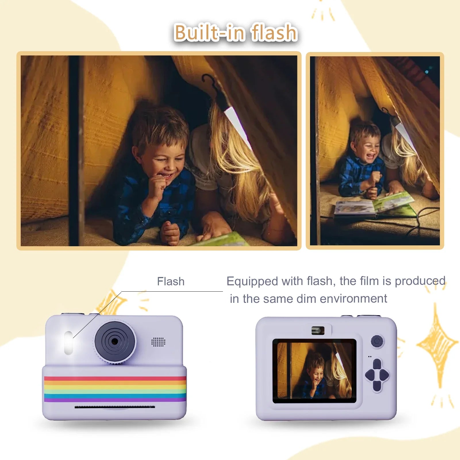 Kids camera with built-in flash, instant photo printing, and colorful design, perfect for young photographers.