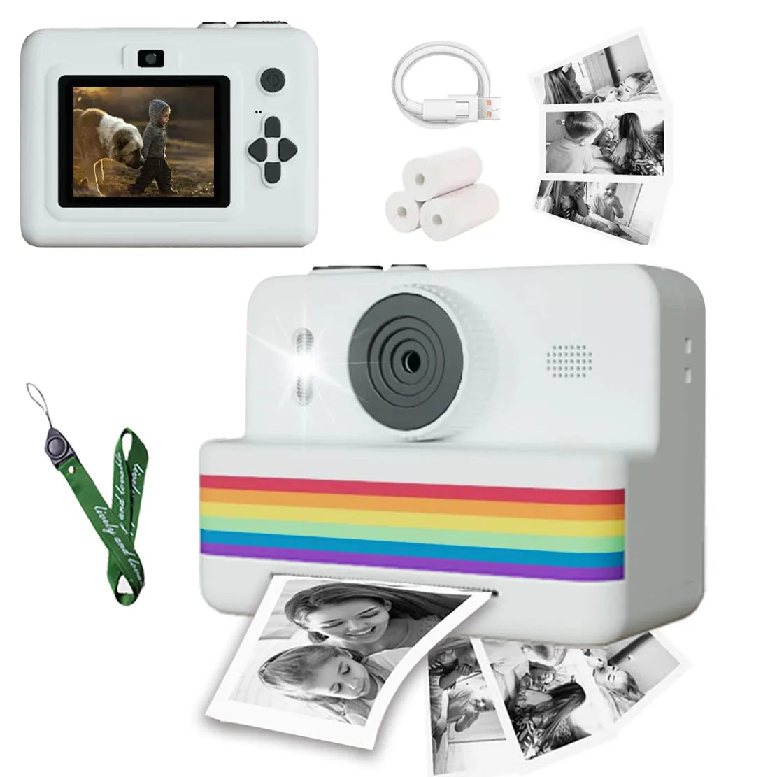 Portable kids' camera with instant thermal printer, HD video, and colorful design.