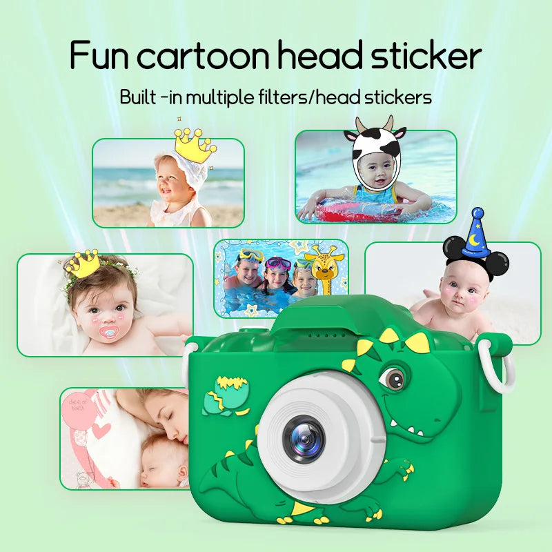 Kids' digital camera with dual lenses, 32G card, featuring cartoon head stickers, perfect birthday gift for boys and girls, educational photography toy.