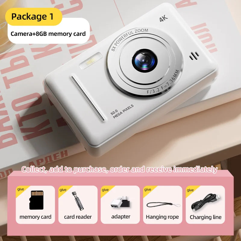 Xiaomi 4K digital camera with retro design, 50 MP, dual flash, auto focus, and accessories.