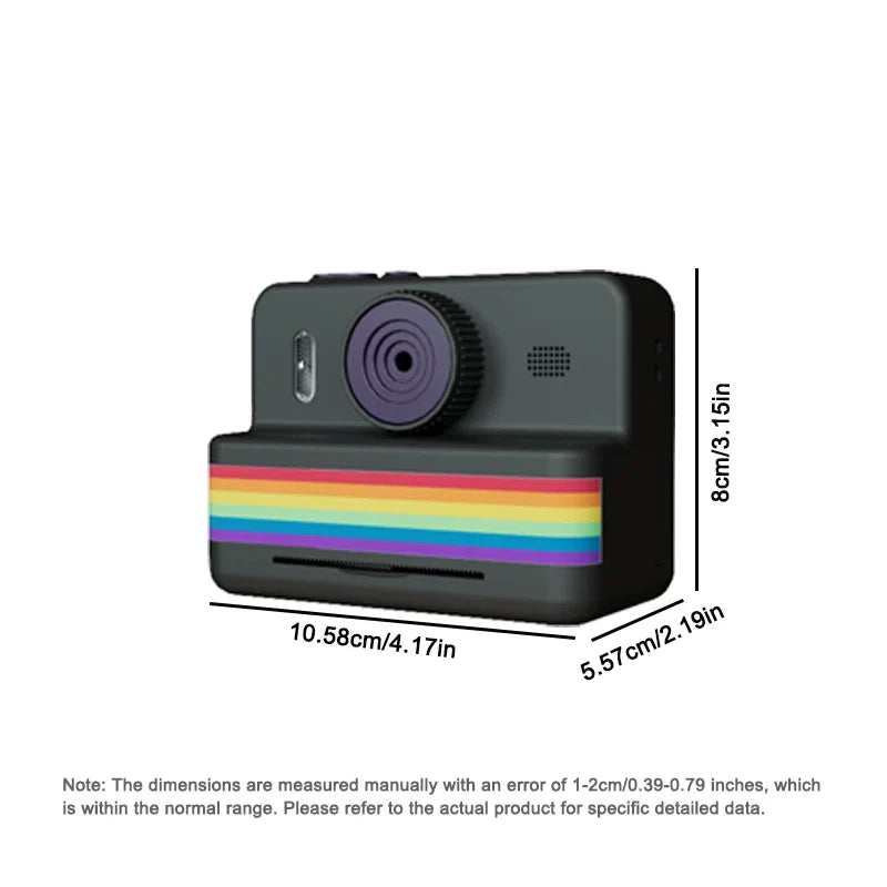 Portable Instant Print Kids Camera with 2.8" HD Video and Thermal Printer, Black with Rainbow Stripe Design