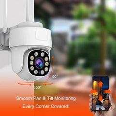 10X PTZ Zoom Wifi Camera with AI tracking and 5MP resolution for outdoor home security, featuring smooth pan and tilt monitoring.