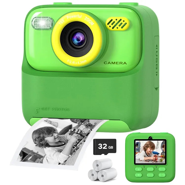 Upgrade Kids Camera with 1080P HD dual lens, selfie capability, and instant print feature.