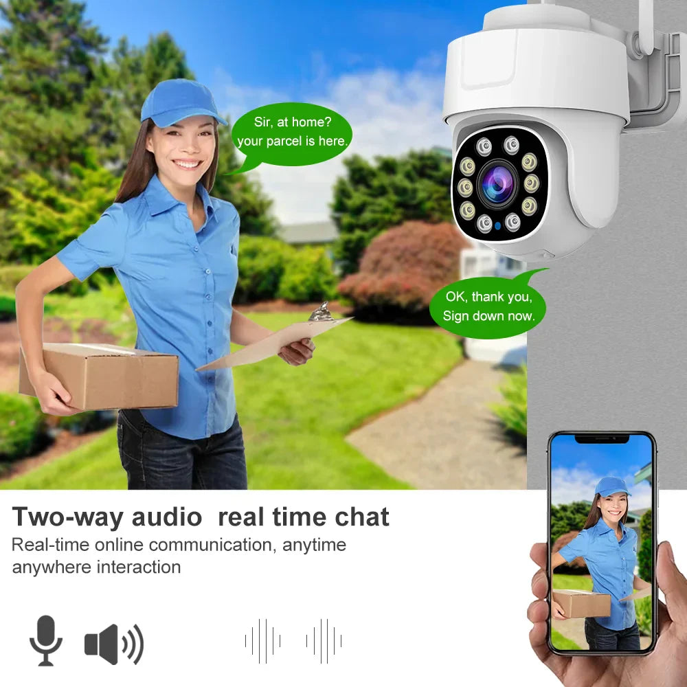 10X PTZ Zoom Wifi Camera with two-way audio and real-time chat for outdoor home security.