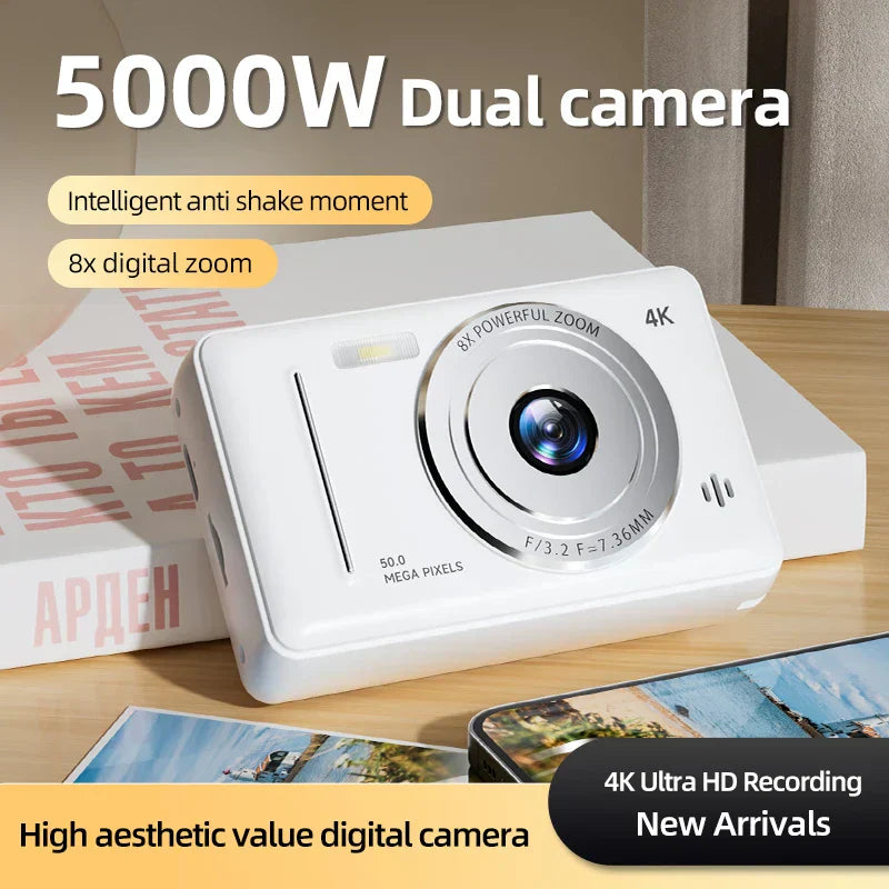 Xiaomi 4K digital camera with retro design, dual camera flash, 50 megapixels, auto focus, and 8x digital zoom.