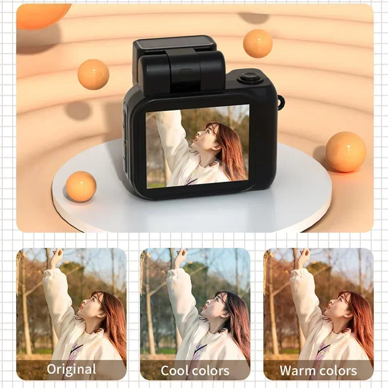 Mini camera showcasing features like original, cool, and warm filters on screen; perfect for creative photography.