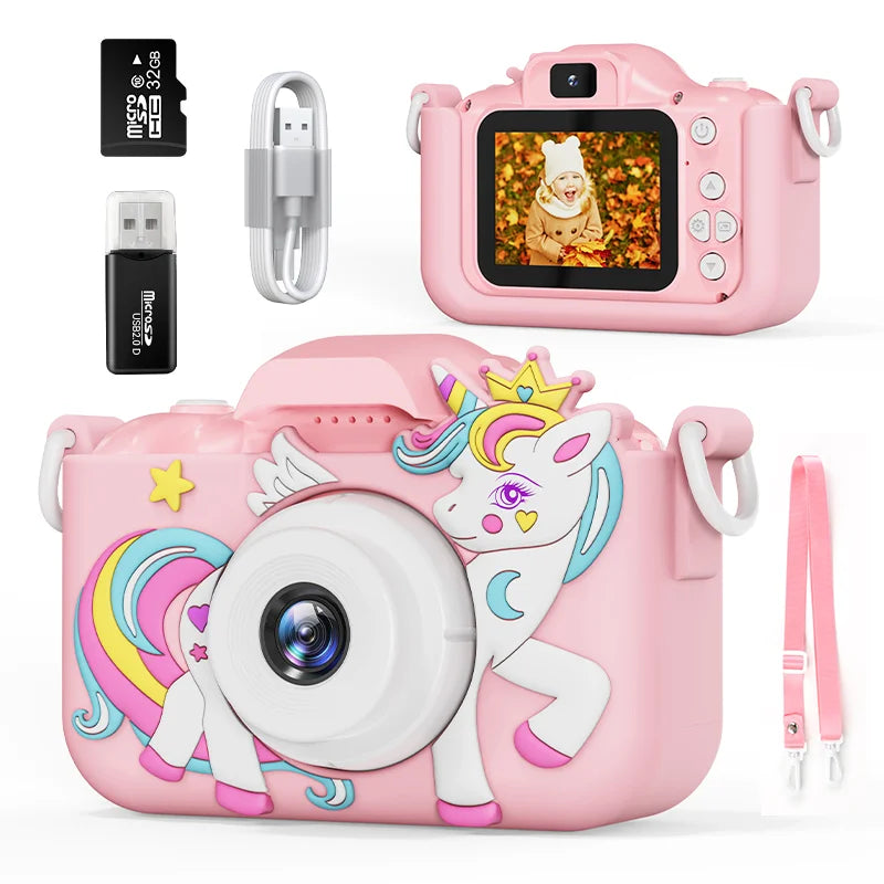 Kids' digital camera with unicorn design, dual lenses, and 32G card; ideal educational toy and birthday gift for boys and girls.