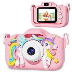 Children's 1080P HD toddler digital video camera with silicone case, pink unicorn design.