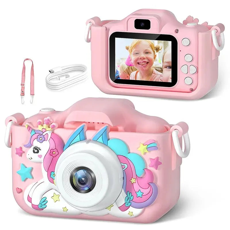 1080P HD toddler digital camera with silicone case, featuring dual cameras and colorful design for kids.