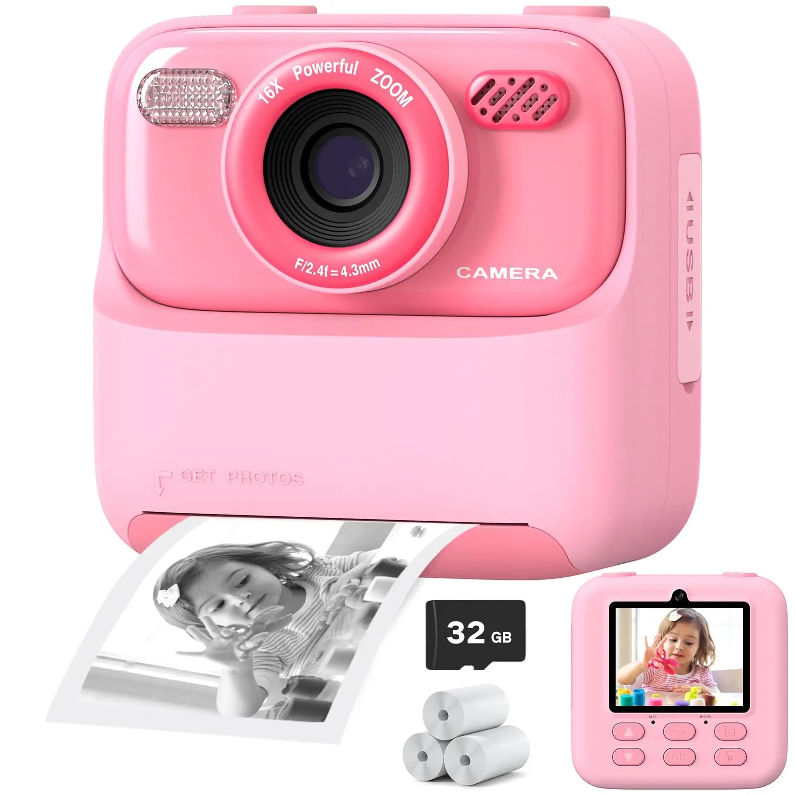 Upgrade Kids Camera 1080P HD Dual Lens Selfie Digital Camera with Print Feature and 32GB Card.