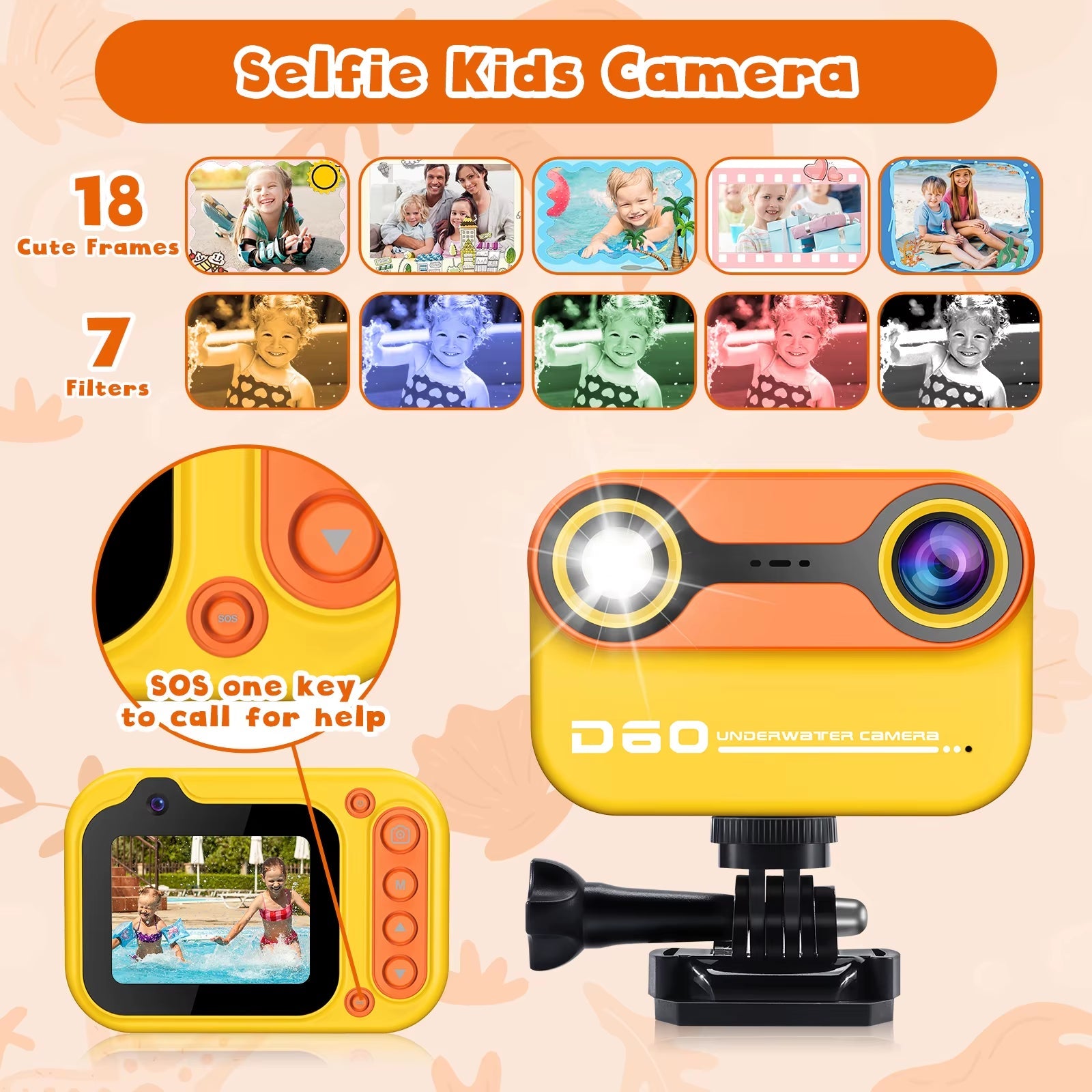 HD waterproof kids camera with 32GB card, 1080P underwater photography, ages 3-12, selfie mode, cute frames, and filters.