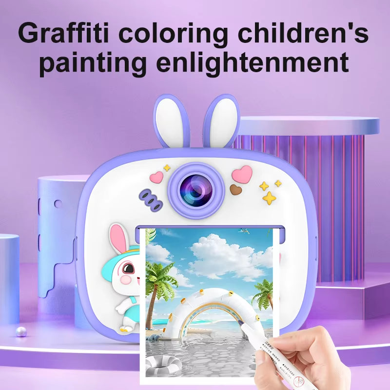 Adorable rabbit design children's digital camera with instant print feature and coloring options.