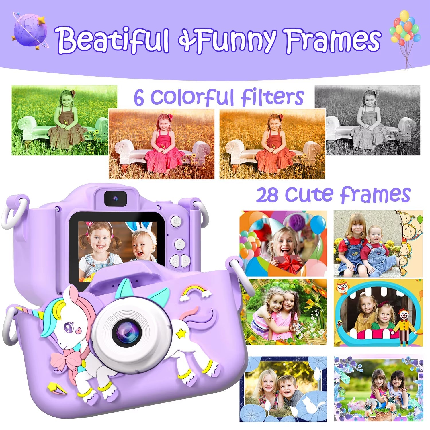 Mini kids camera with cute frames and filters, perfect for gifts.