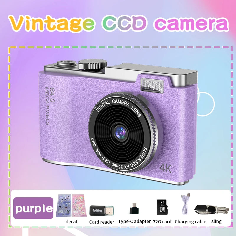 Digital Camera 4K 64MP Photography Camera Video Camcorder in Purple with Accessories.