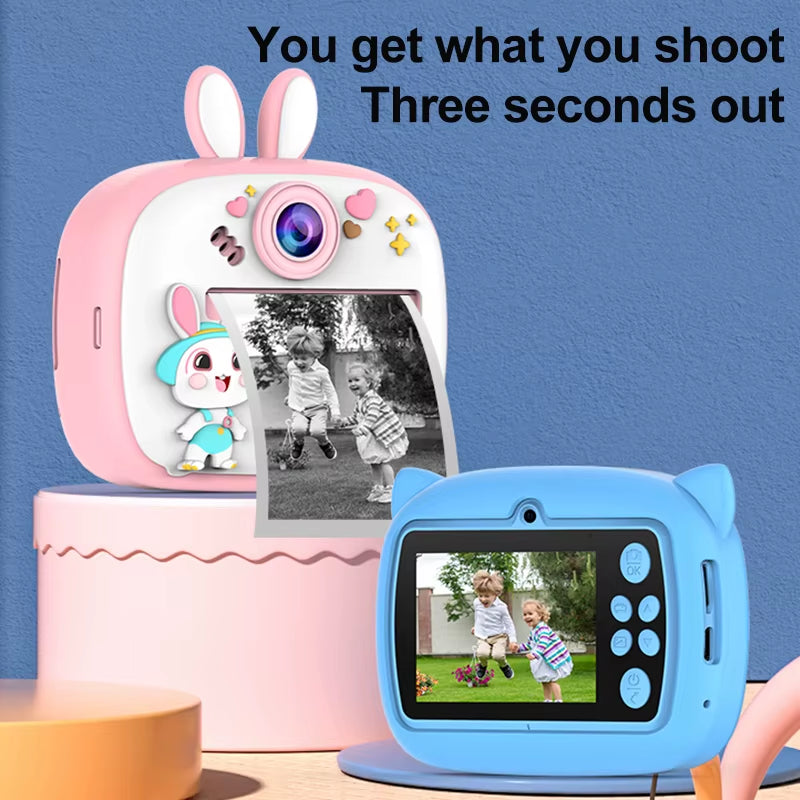 Kids instant print digital camera with cute rabbit design and 32G memory.