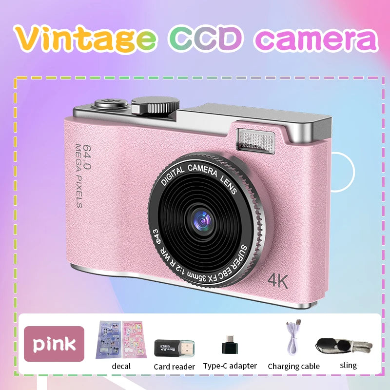 Vintage pink digital camera 4K 64MP with accessories, ideal for beginners.