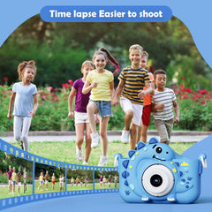 Cute blue kids camera with cartoon design and 1080P HD video capability, ideal educational toy for children.