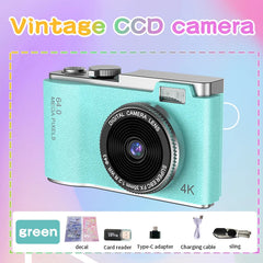 Digital Camera 4K 64MP with accessories, featuring vintage design in green color.