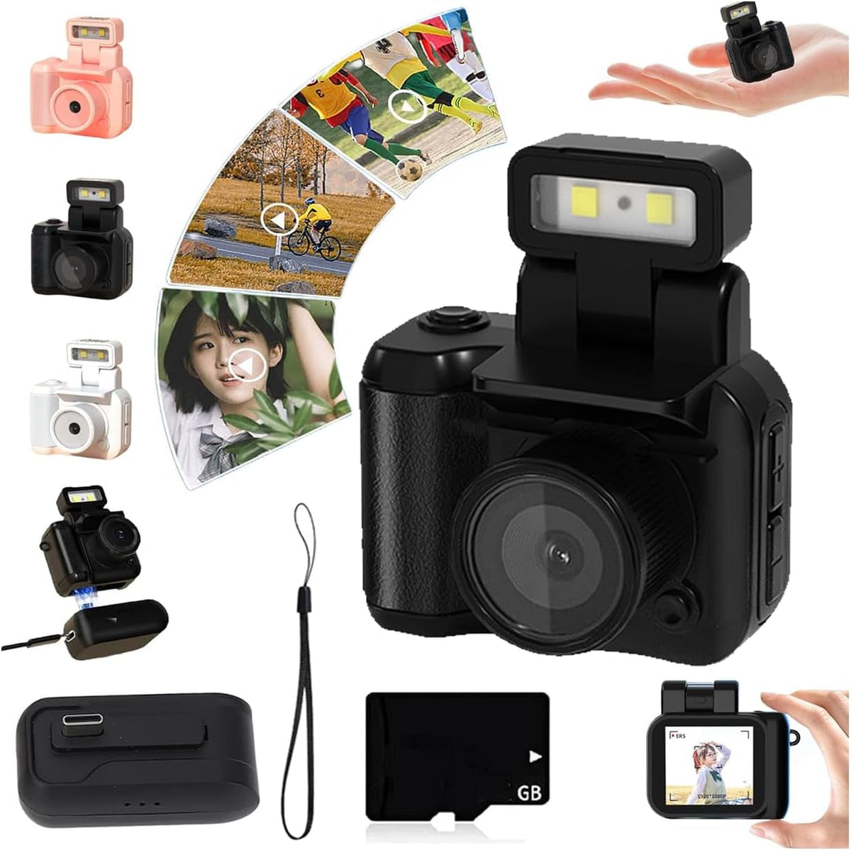 Black retro snap camera with LED flash and keychain attachment, featuring 1080P HD resolution for nostalgic photography.