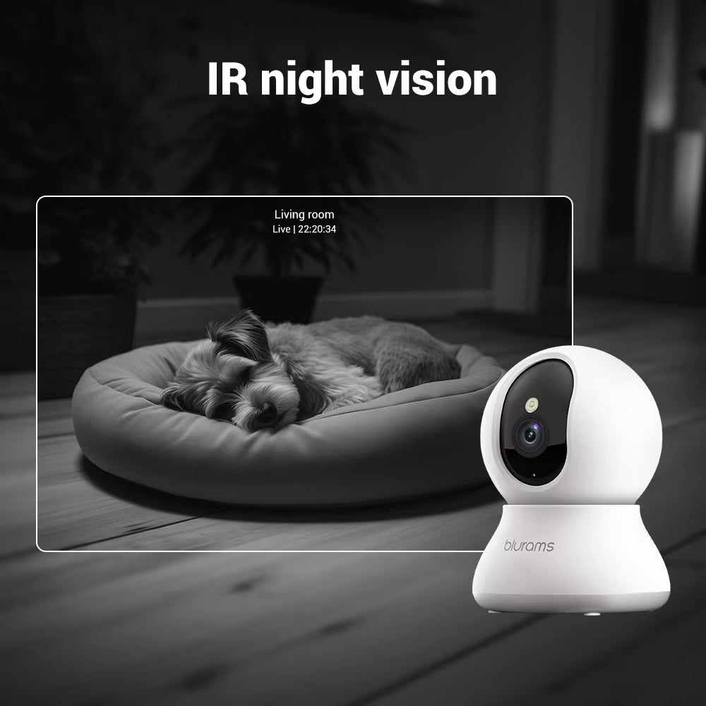 Pet Camera 2K with IR night vision, 360° coverage, and 2-way audio for indoor pet monitoring.