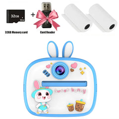 Adorable rabbit-themed children's digital camera with instant print, 32GB memory card, and accessories.