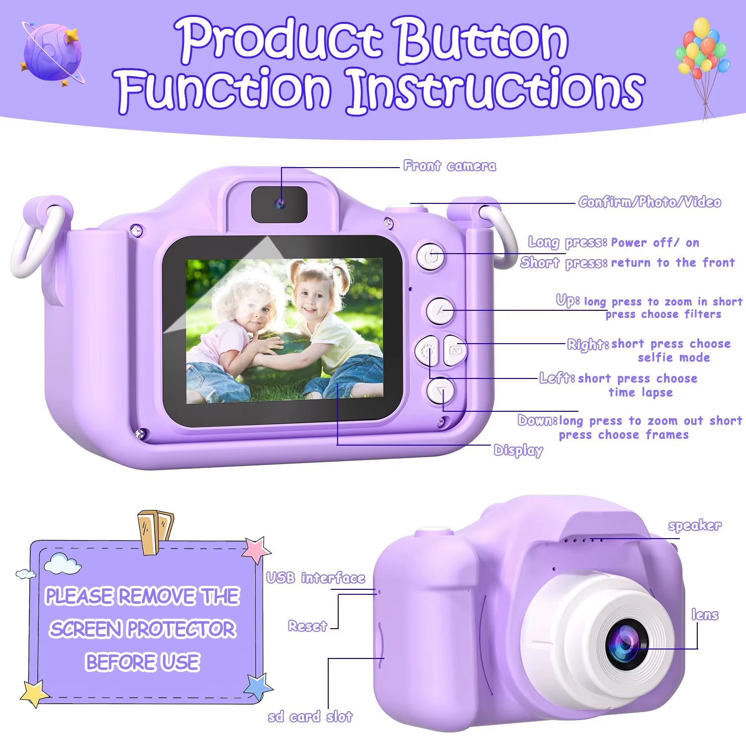 Mini kids camera with 32G SD card, purple, toddler-friendly design, and button instructions.