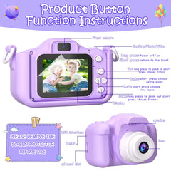 Mini kids camera with 32G SD card, purple, toddler-friendly design, and button instructions.