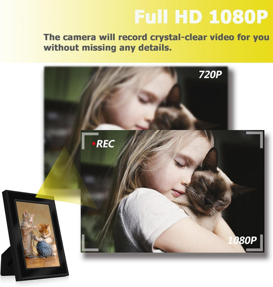 Audio-free security nanny camera 1080P full HD frame, discreet photo frame design.