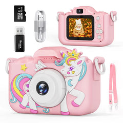 Kids' digital camera with dual lenses, 32G card, unicorn design, perfect birthday gift and educational toy for boys and girls.