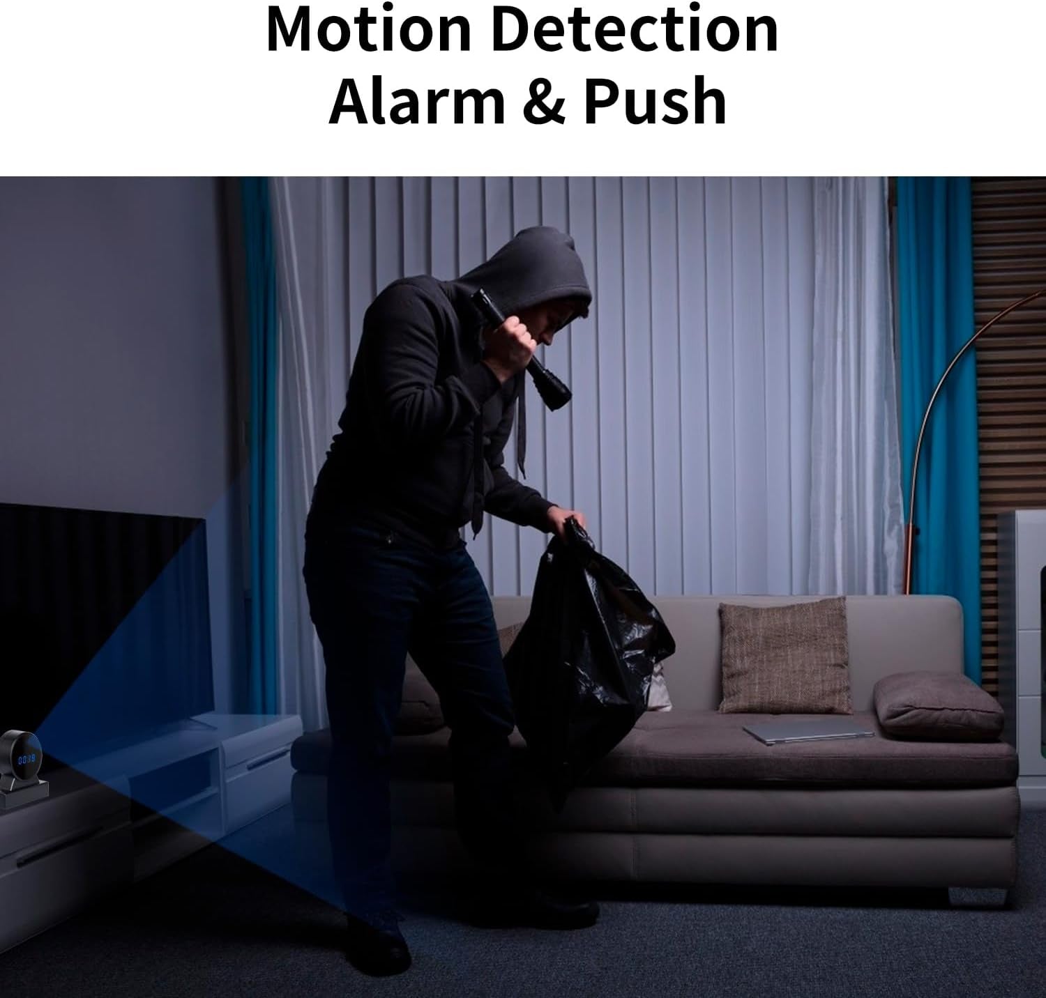 Motion detection alert with Full HD 1080P camera clock in a living room setting.