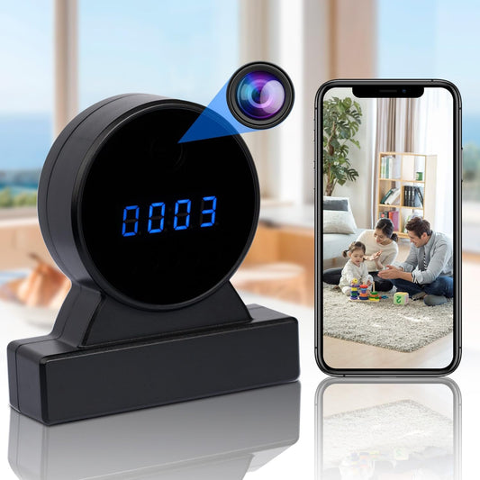 Full HD 1080P Camera Clock with Wifi, discreet surveillance for home or office, night vision, shown with mobile app interface.