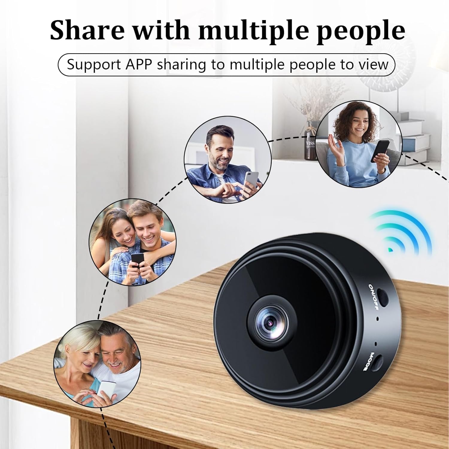 Mini Spy Camera with app sharing feature on table, supporting multiple users for remote viewing.