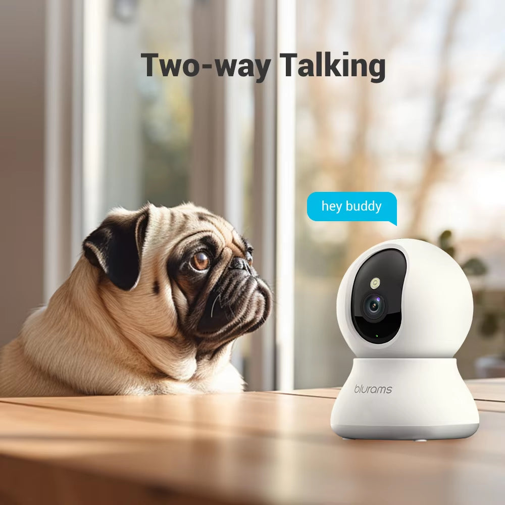 Pet Camera 2K with 360° coverage and 2-way audio, ideal for indoor pet monitoring and home security.