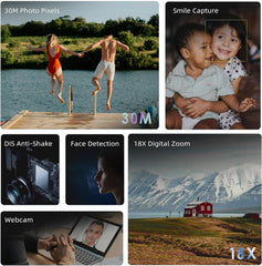 Video camera camcorder features including 30MP photo resolution, smile capture, anti-shake, face detection, 18X digital zoom, and webcam.