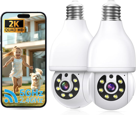 2K Light Bulb Security Camera with 5G and 2.4G WiFi support, featuring dual coverage and motion detection.