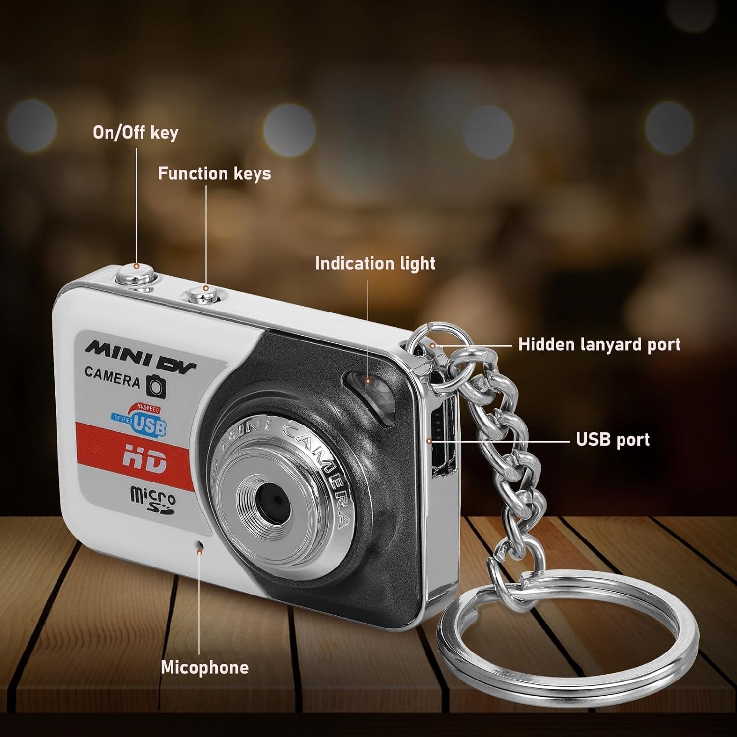 Digital Camera X6 keychain, ultra mini high definition kids camera, portable design in grey.