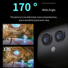 170° wide-angle view showcasing a dual-lens miniature camera's capability for panoramic and comprehensive images.