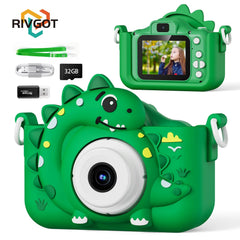 Mini kids camera with silicone case, 1080P HD video capability, and 32GB card, ideal educational gift.