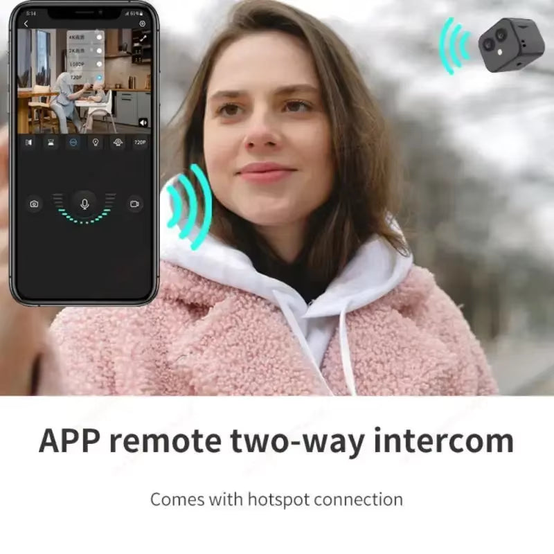 4K 1080P HD mini camera with app remote two-way intercom and hotspot connection.