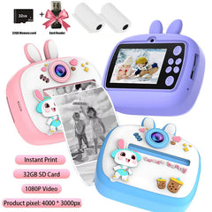 Adorable rabbit-themed children's digital camera with instant thermal printing and 32GB memory.